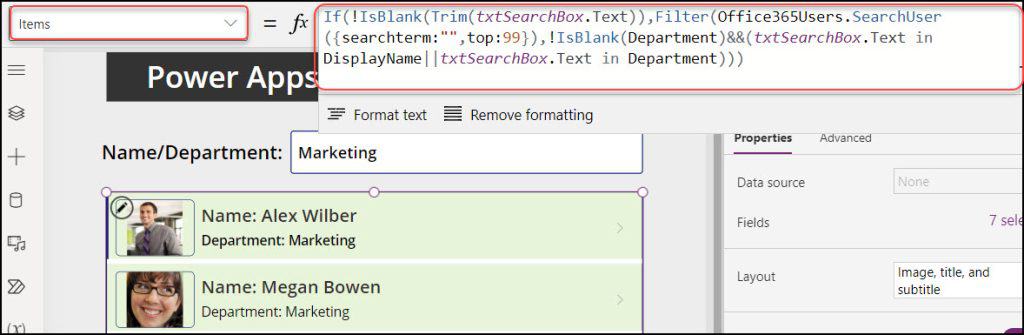 PowerApps Employee Directory Search by Name or Department