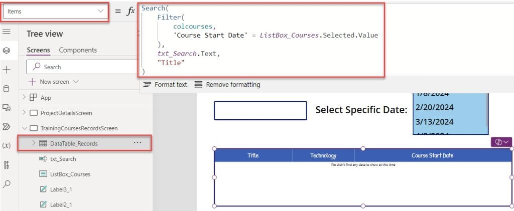 PowerApps filter list box and search