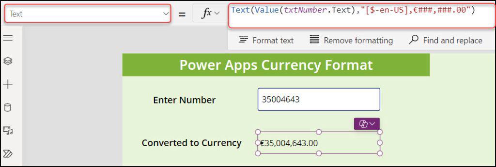 powerapps format currency euro