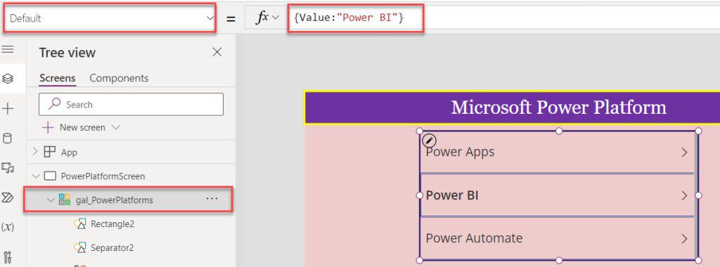 powerapps gallery control default selected item