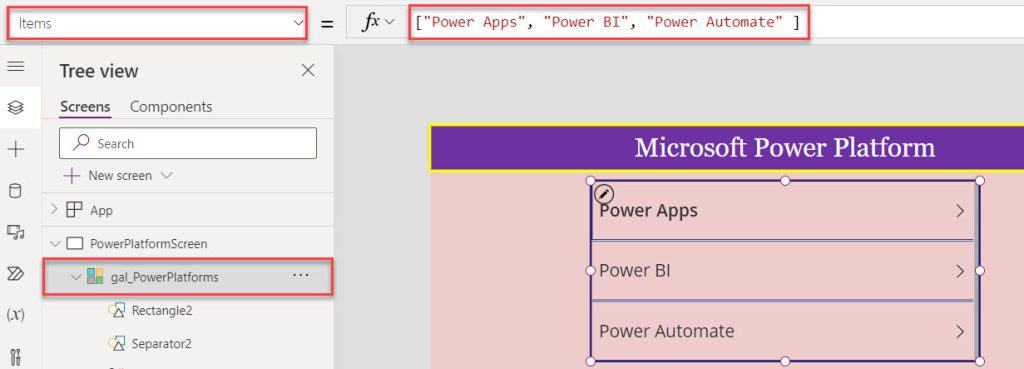 powerapps gallery default selected item