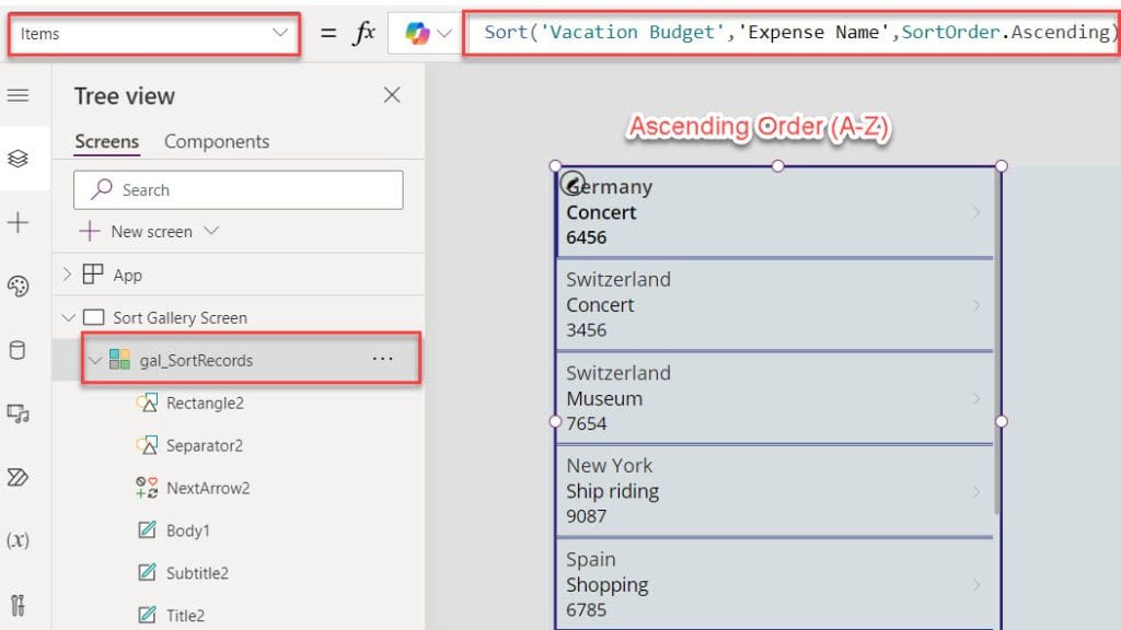 powerapps gallery sort by ascending descending