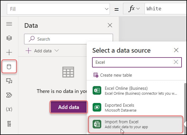 powerapps import data from excel