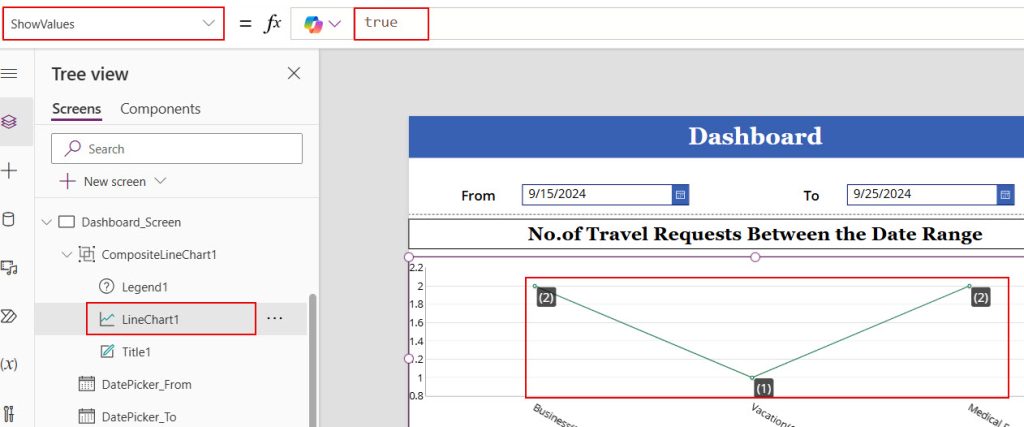 powerapps line chart by date range filter