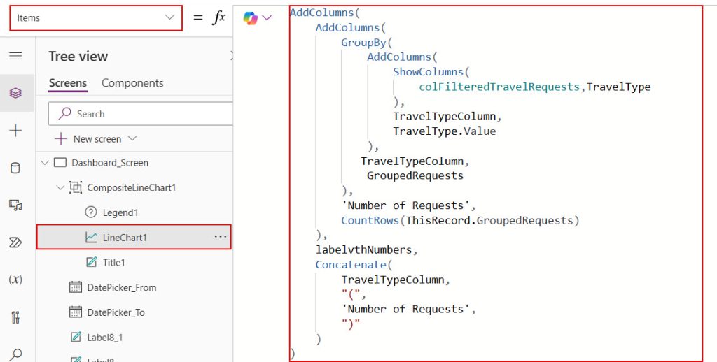 powerapps line chart from sharepoint list choice field
