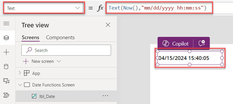 powerapps now() format