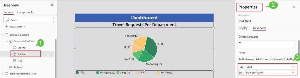 powerapps pie chart show values