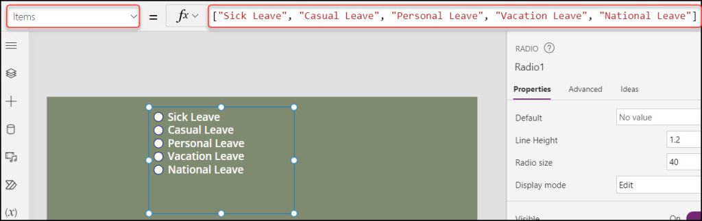 powerapps radio button items