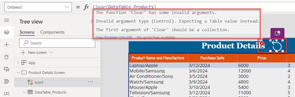 powerapps refresh data table