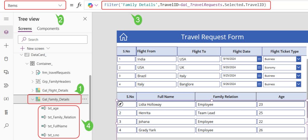 powerapps repeating table with drop down