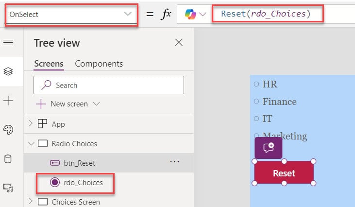 powerapps reset choices