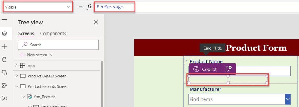 powerapps show field based on value in another field