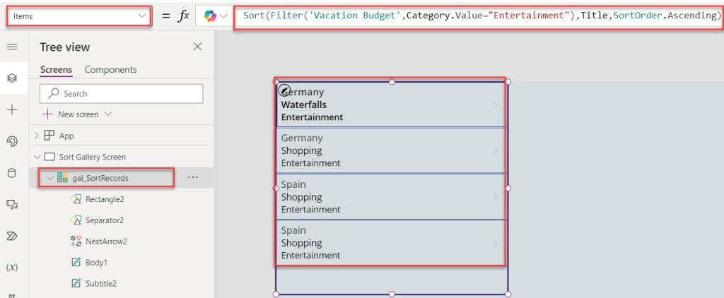 powerapps sort and filter