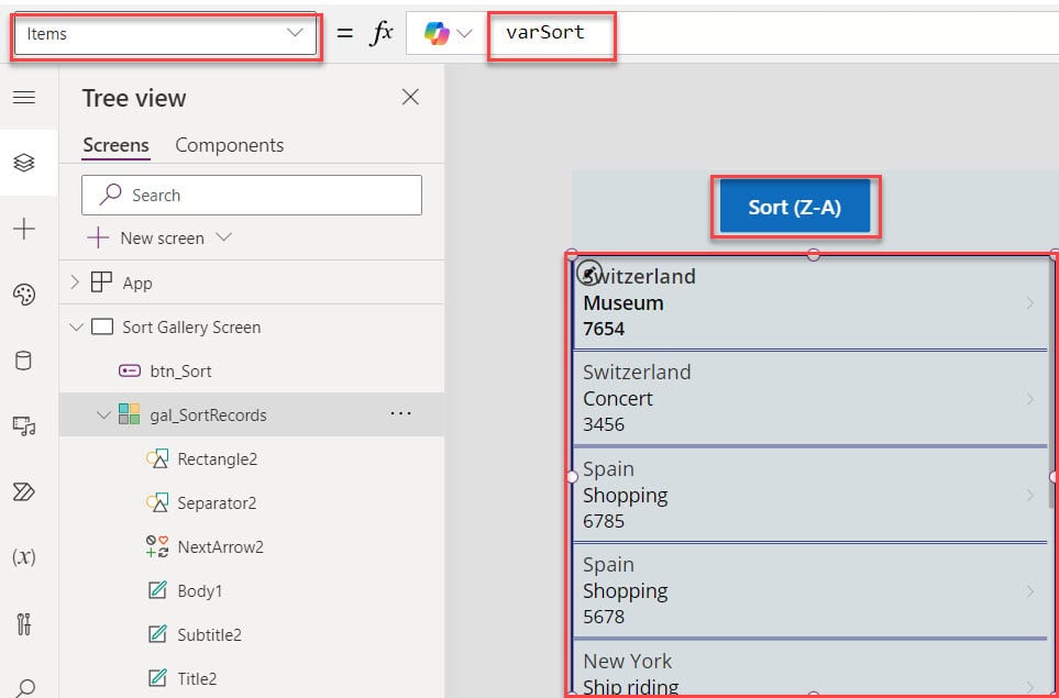 powerapps sort ascending descending