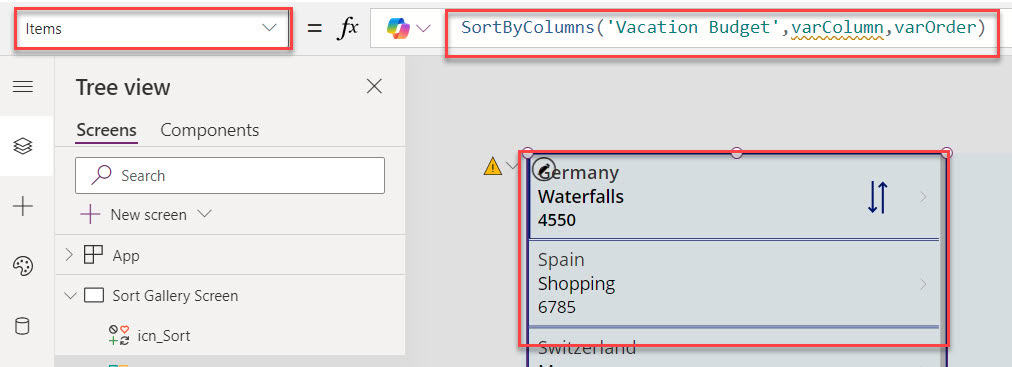 powerapps sort gallery by column