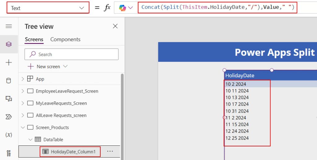 powerapps split datetime by delimiter and concat