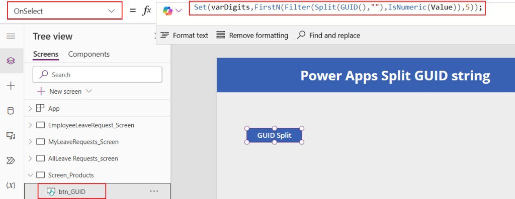 powerapps split guid string by character