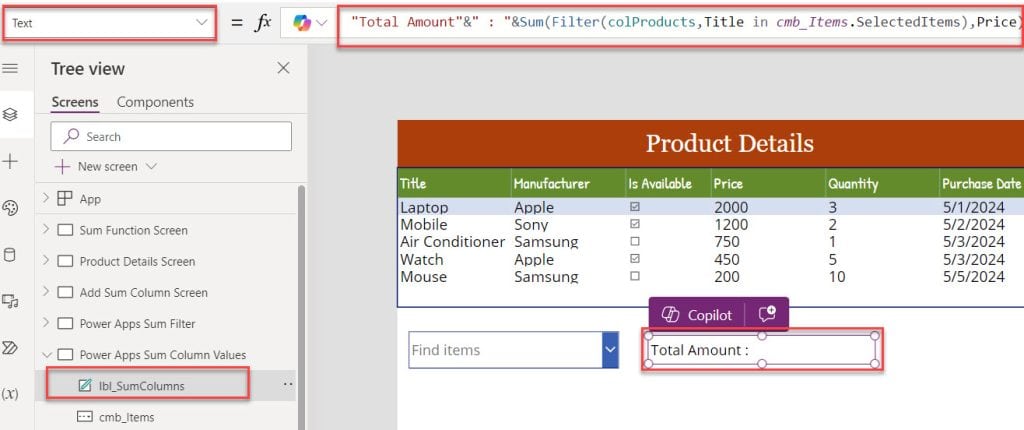 powerapps sum column value