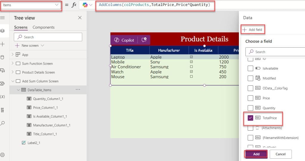 powerapps sum column values