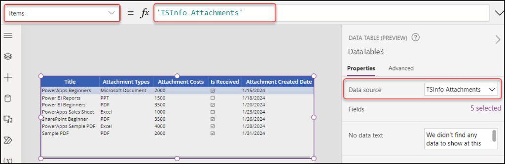 powerapps table control