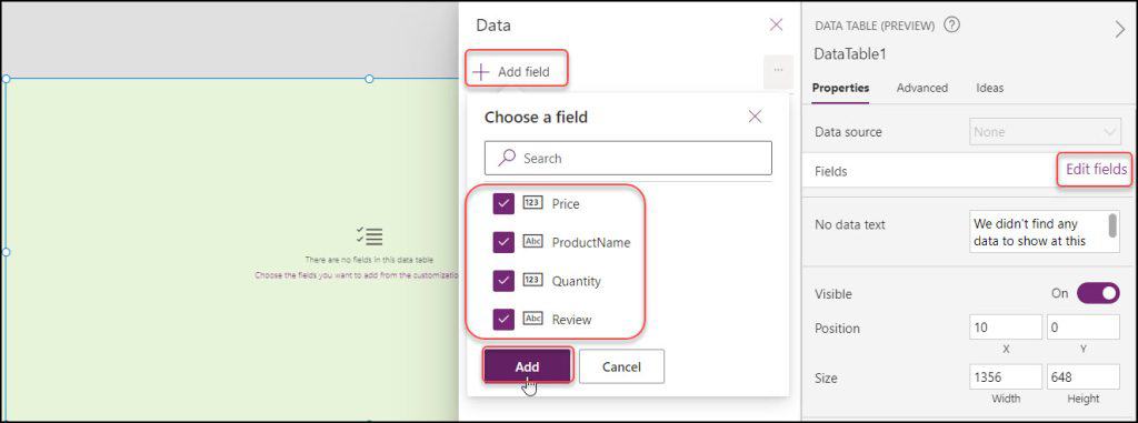 powerapps table function