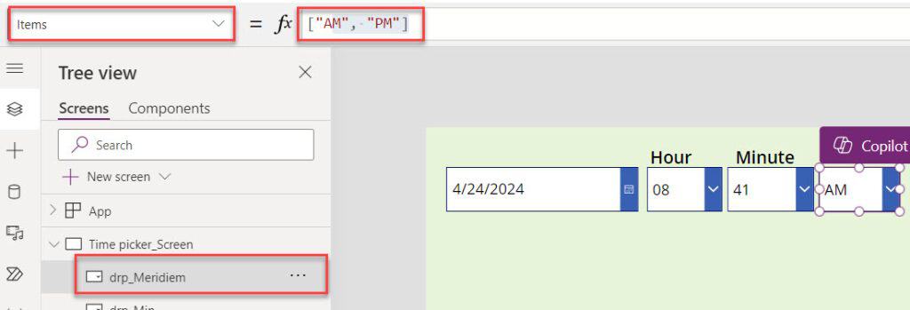 powerapps time picker am pm
