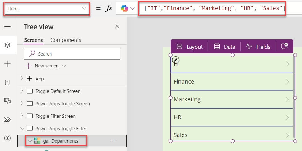 powerapps toggle gallery