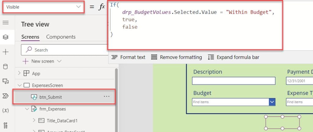 powerapps visible based on the dropdown value