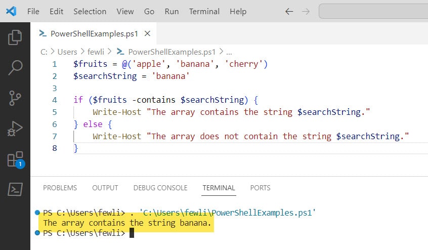 powershell check if array contains string