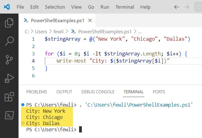 powershell for loop array