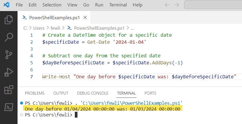 powershell get date minus 1 day