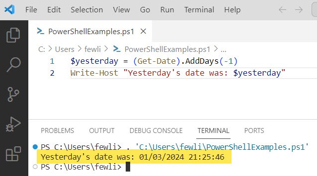 PowerShell Get-Date Minus 1 Day