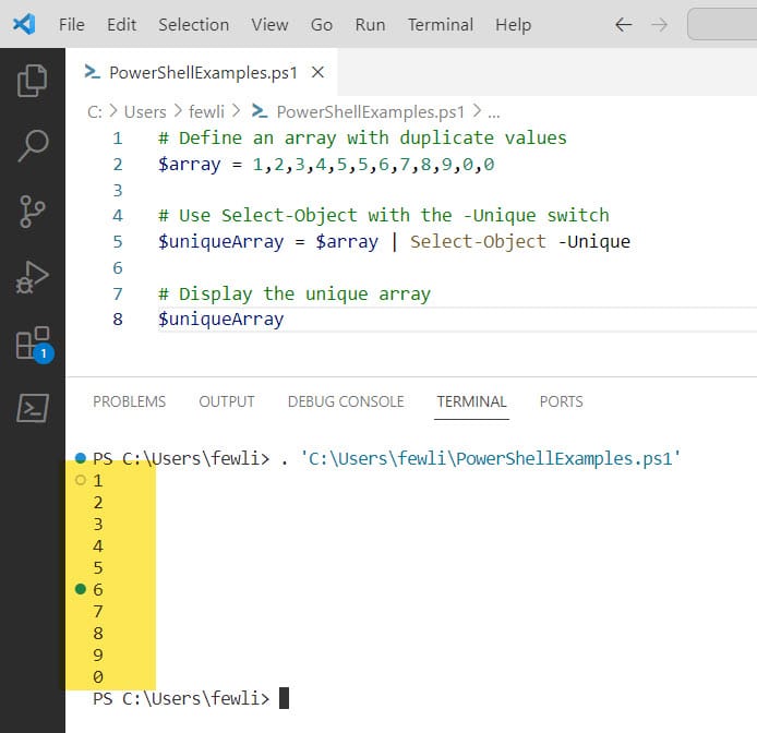 powershell get distinct values from array