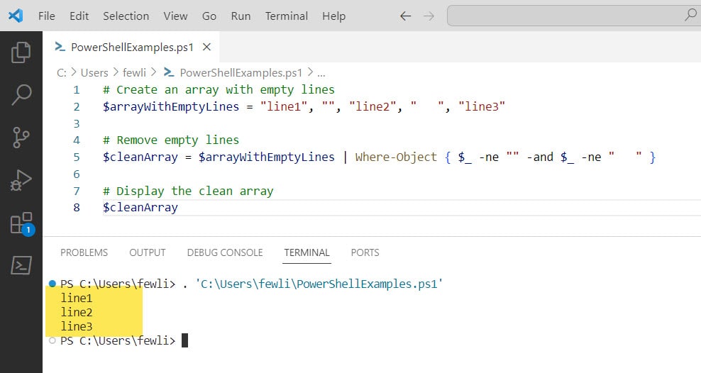 powershell remove blank lines from array