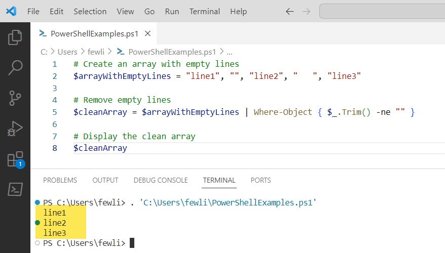 powershell remove empty lines from array