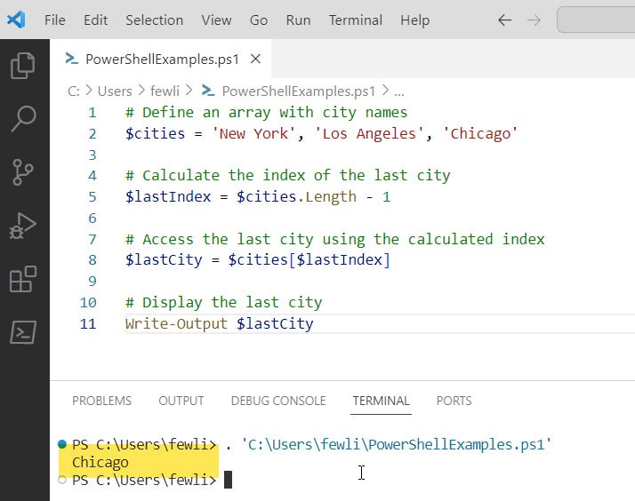 powershell select last item in array