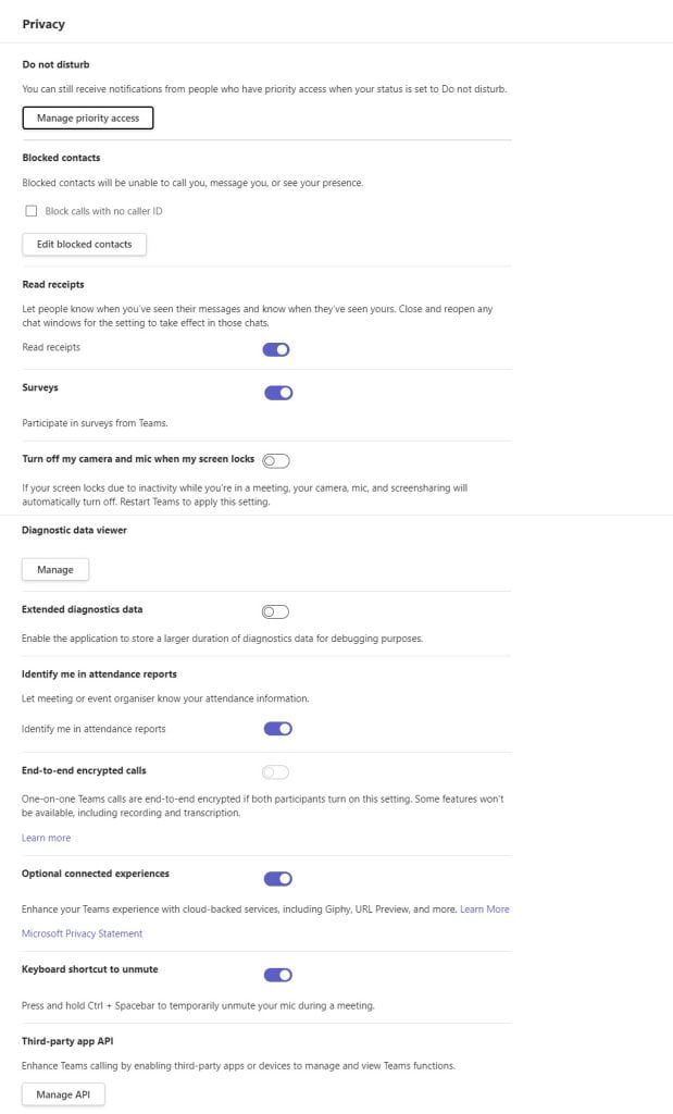 Privacy Settings in Microsoft Team