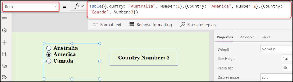radio button in powerapps