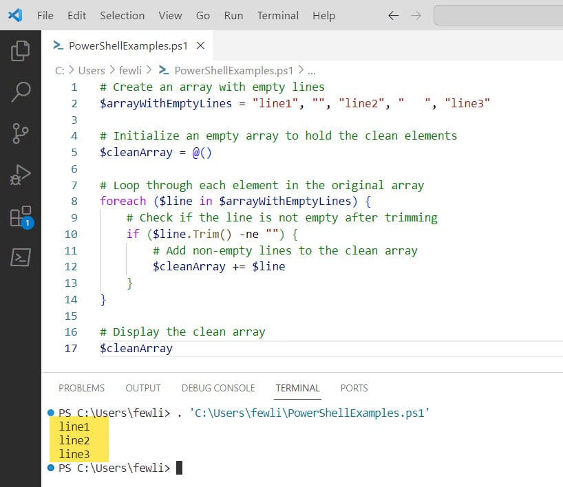 remove blank lines from array powershell