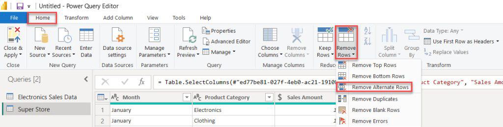 remove specific rows in power query