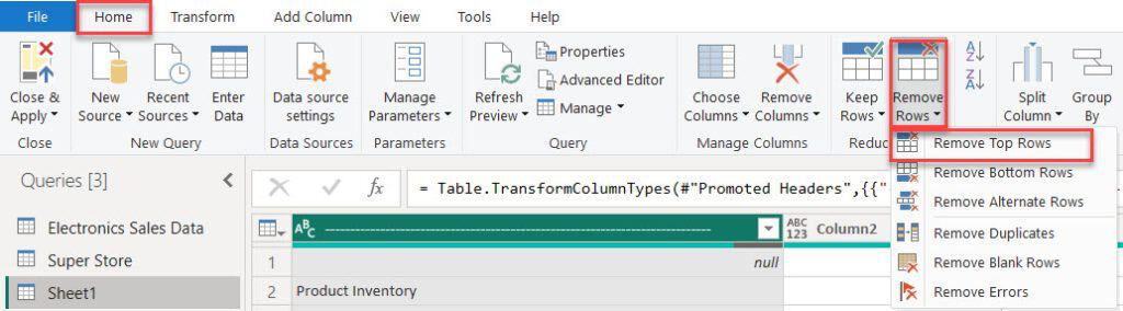 remove top rows power query