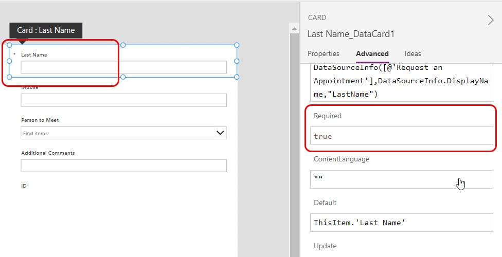 Require field validation in list forms in Power Apps