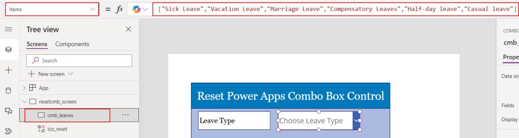 reset power apps combo box control