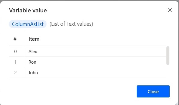 retrieve data table column into list using Power Automate Desktop