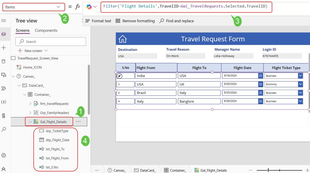 retrieve sharepoint list data in power apps repeating table