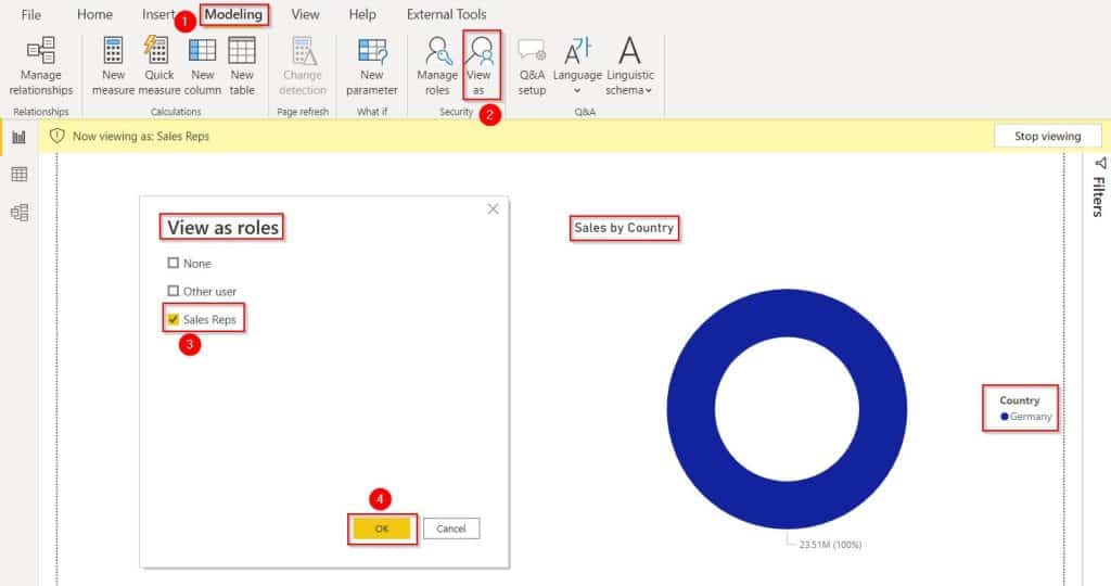 Row-level Security based on username in the Power Bi example