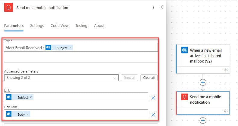 Send mobile notification when a email arrives in shared mailbox Power Automate