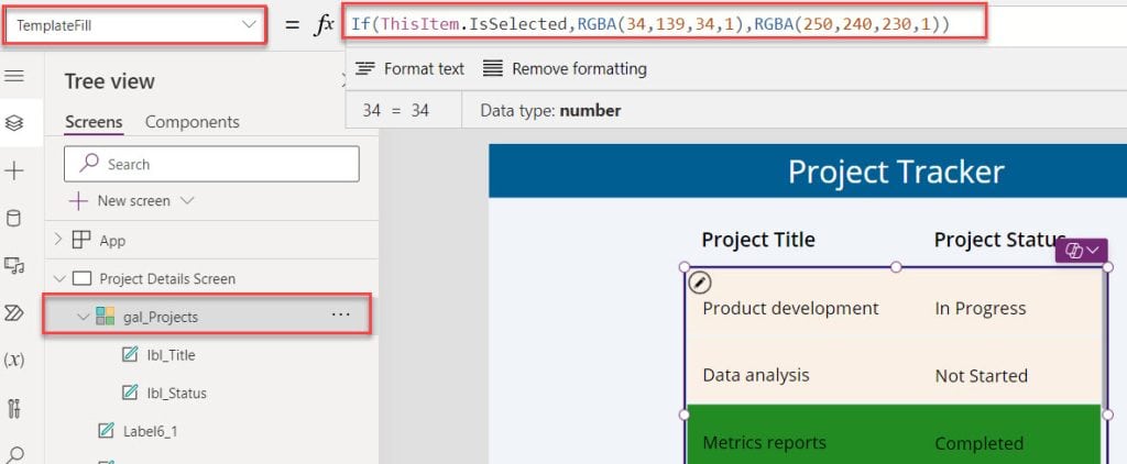 Set the Power Apps data table default selected row using SharePoint list