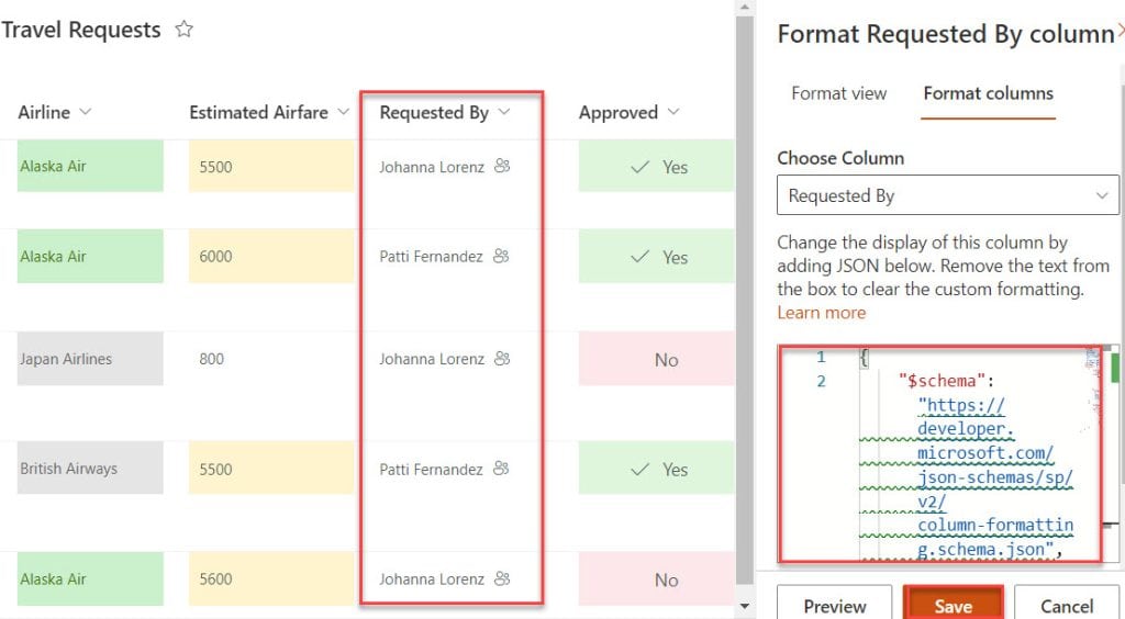 sharepoint column formatting json example