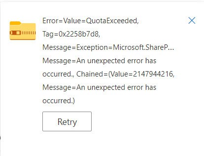 sharepoint error=value=quotaexceeded